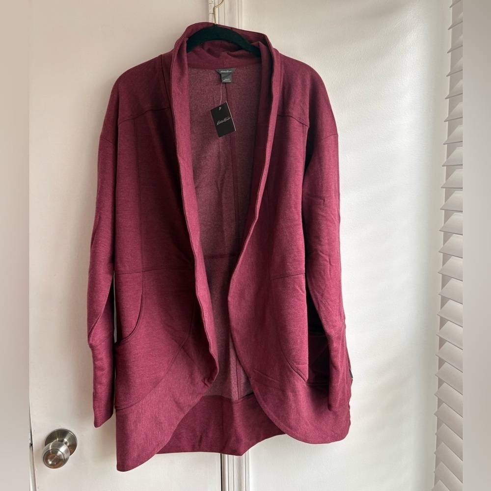 EDDIE BAUER burgundy open front long  cardigan.  XL